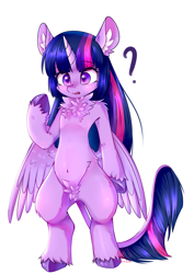 Size: 2150x3035 | Tagged: safe, artist:inaba_hitomi, imported from derpibooru, twilight sparkle, alicorn, pony, semi-anthro, belly button, bipedal, chest fluff, ear fluff, female, high res, leonine tail, open mouth, pixiv, pubic fluff, question mark, simple background, solo, tail, twilight sparkle (alicorn), unshorn fetlocks, white background