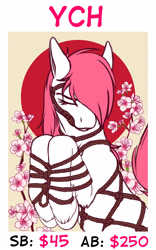 Size: 1000x1600 | Tagged: safe, artist:wwredgrave, imported from derpibooru, pony, advertisement, auction, auction open, bondage, cherry blossoms, commission, flower, flower blossom, japanese, rope, rope bondage, ropes, shibari, solo, tree, ych sketch, your character here