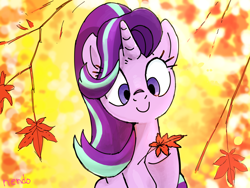 Size: 1600x1200 | Tagged: safe, artist:fuyugi, artist:nendo, imported from derpibooru, starlight glimmer, pony, unicorn, autumn, cute, featured image, female, g4, glimmerbetes, hoof hold, leaves, mare, raised hoof, signature, smiling, solo, tree, underhoof