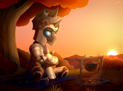 Size: 3938x2937 | Tagged: safe, artist:dipfanken, imported from derpibooru, oc, oc only, oc:captain black lotus, changeling, armor, changeling oc, fire, high res, pot, scenery, sitting, sunrise, tree, underhoof