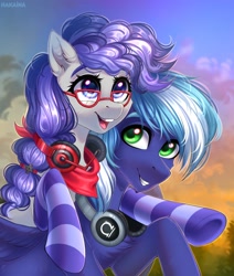 Size: 2800x3300 | Tagged: safe, artist:hakaina, imported from derpibooru, oc, oc:cinnabyte, oc:moonlight drop, adorkable, bandana, cinnabetes, clothes, cute, dork, gaming headset, glasses, headphones, headset, smiling, socks, striped socks