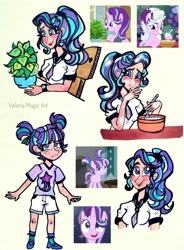 Size: 2958x4025 | Tagged: safe, artist:valeriamagicart, imported from derpibooru, screencap, phyllis, starlight glimmer, human, pony, unicorn, student counsel, the cutie re-mark, alternate hairstyle, blushing, clock, clothes, female, filly, filly starlight glimmer, humanized, messy hair, messy mane, open mouth, philodendron, pigtails, plant, scene interpretation, screencap reference, shoes, traditional art, younger