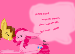 Size: 792x568 | Tagged: safe, artist:girzim88, imported from derpibooru, cheese sandwich, pinkie pie, earth pony, pony, cheesepie, deviantart muro, duo, female, hearts and hooves day, male, pink background, shipping, simple background, straight, valentine's day card
