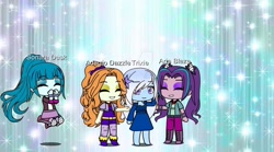 Size: 1280x712 | Tagged: safe, artist:crazynellyz, imported from derpibooru, adagio dazzle, aria blaze, sonata dusk, trixie, equestria girls, chibi, female, gacha club, gacha life, the dazzlings