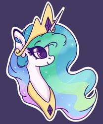 Size: 1280x1539 | Tagged: safe, artist:plethxra, imported from derpibooru, princess celestia, pony, bust, colored pupils, crown, cute, cutelestia, ear fluff, female, jewelry, peytral, portrait, profile, purple background, regalia, simple background, smiling, solo