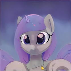 Size: 1024x1024 | Tagged: safe, artist:thisponydoesnotexist, imported from derpibooru, pony, unicorn, ai content, ai generated, artificial intelligence, blue eyes, cute, female, generator:thisponydoesnotexist, horn, looking at you, neural network, small horn, smiling, solo