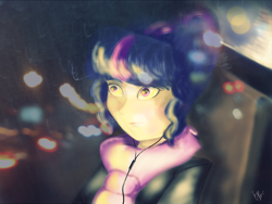 Size: 2048x1536 | Tagged: safe, artist:catcor, imported from derpibooru, sci-twi, twilight sparkle, human, clothes, earbuds, female, humanized, scarf, solo