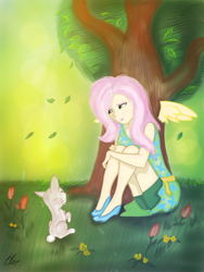 Size: 768x1024 | Tagged: safe, artist:catcor, imported from derpibooru, fluttershy, human, rabbit, animal, female, flower, forest, humanized, leaves, solo, tree, winged humanization, wings