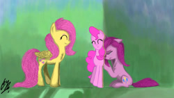 Size: 1023x579 | Tagged: safe, artist:catcor, imported from derpibooru, fluttershy, pinkie pie, earth pony, pegasus, pony, crying, depression, duality, duo, female, pinkamena diane pie, sad