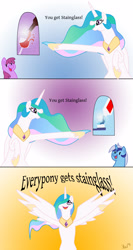 Size: 1784x3363 | Tagged: safe, artist:eritnger1000, imported from derpibooru, berry punch, berryshine, minuette, princess celestia, alicorn, earth pony, pony, unicorn, alcohol, comic, female, meme, oprah, parody, stained glass, toothpaste, wine