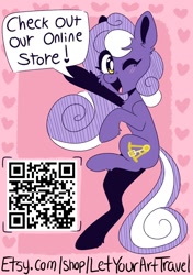 Size: 1200x1700 | Tagged: safe, artist:lizfoxyartis, imported from derpibooru, oc, oc only, oc:aether naut, earth pony, pony, earth pony oc, female, heart, mare, one eye closed, open mouth, qr code, smiling, solo, talking, wink