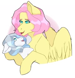 Size: 1280x1332 | Tagged: safe, artist:llamapyjmas, imported from derpibooru, fluttershy, oc, oc:snow storm, pegasus, pony, female, filly, fluttermom, holding a pony, magical lesbian spawn, mother and child, mother and daughter, offspring, parent:fluttershy, parent:rainbow dash, parents:flutterdash, short mane, simple background, white background