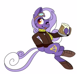 Size: 4096x3916 | Tagged: safe, alternate version, artist:inkynotebook, imported from derpibooru, oc, oc only, oc:aether naut, earth pony, pony, beer mug, blushing, boots, cider, clothes, earth pony oc, female, goggles, hoof hold, mare, one eye closed, scarf, shoes, simple background, solo, white background, wink