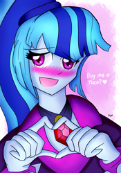 Size: 2100x3000 | Tagged: safe, artist:pixsoda, imported from derpibooru, sonata dusk, equestria girls, blushing, bronybait, cute, female, food, gem, heart, heart hands, shy, siren gem, solo, sonatabetes, sonataco, taco, that girl sure loves tacos, that pony sure does love tacos, that siren sure does love tacos