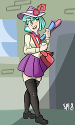 Size: 1200x2000 | Tagged: safe, artist:pixsoda, imported from derpibooru, coco pommel, human, clothes, female, freckles, hat, human coloration, humanized, skirt, solo, zettai ryouiki