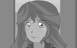 Size: 844x527 | Tagged: safe, artist:anael34gaby, imported from derpibooru, sunset shimmer, equestria girls, crying, female, monochrome, sad, solo, sunsad shimmer