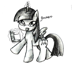 Size: 1513x1399 | Tagged: safe, artist:gerardwei, imported from derpibooru, twilight sparkle, alicorn, pony, book, bookhorse, female, grayscale, magic, monochrome, simple background, solo, telekinesis, that pony sure does love books, traditional art, transparent background, twilight sparkle (alicorn)