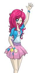 Size: 1670x3373 | Tagged: safe, artist:gerardwei, imported from derpibooru, pinkie pie, human, breasts, cleavage, clothes, female, humanized, one eye closed, simple background, skirt, solo, transparent background, waving, wink