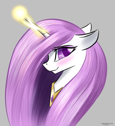 Size: 1280x1400 | Tagged: safe, artist:renarde-louve, imported from derpibooru, princess celestia, blushing, glowing horn, horn, jewelry, pink mane, regalia, smiling