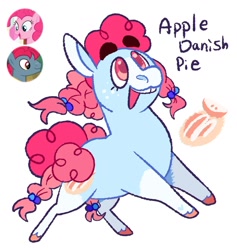 Size: 1280x1353 | Tagged: safe, artist:babypaste, artist:goatpaste, imported from derpibooru, apple split, pinkie pie, oc, oc:apple danish pie, earth pony, pony, apple family member, female, filly, freckles, offspring, open mouth, parent:apple split, parent:pinkie pie, simple background, white background