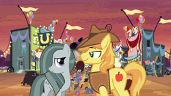 Size: 2063x1161 | Tagged: safe, imported from derpibooru, braeburn, marble pie, buffalo, earth pony, pony, appleloosa, braeble, crack shipping, dancing, evening, female, festival, looking at each other, lyrics in the description, male, party, romance, shipping, smiling, stallion, straight, this will end in love, visiting, youtube link