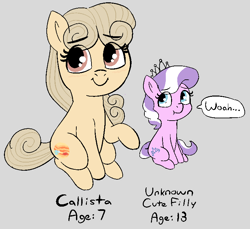 Size: 760x695 | Tagged: safe, artist:heretichesh, imported from derpibooru, diamond tiara, oc, oc:callista, oc:unknown cute filly, earth pony, pony, :t, dialogue, duo, female, filly, giant pony, jewelry, macro, sitting, size difference, smiling, text, tiara, unknown pony