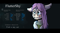 Size: 3000x1688 | Tagged: safe, artist:derpymuffinartist, imported from derpibooru, fluttershy, pegasus, pony, blood, character profile, crossover, female, floppy ears, solo, until dawn