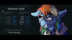 Size: 3000x1688 | Tagged: safe, artist:derpymuffinartist, imported from derpibooru, rainbow dash, pegasus, pony, blood, character profile, crossover, female, until dawn