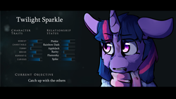 Size: 3000x1688 | Tagged: safe, artist:derpymuffinartist, imported from derpibooru, twilight sparkle, pony, character profile, crossover, female, solo, until dawn