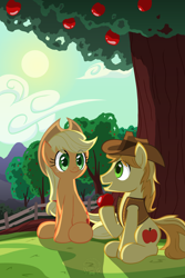 Size: 3600x5400 | Tagged: source needed, safe, artist:template93, imported from derpibooru, applejack, braeburn, pony, absurd resolution, apple, apple tree, clothes, cloud, duo, family, fence, food, hat, hill, implied incest, sitting, sky, sun, tree, vest