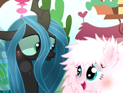 Size: 640x480 | Tagged: safe, artist:3d4d, imported from derpibooru, queen chrysalis, oc, oc:fluffle puff, changeling, blushing, canon x oc, chrysipuff, cute, female, flufflebetes, lesbian, shipping