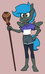 Size: 635x1046 | Tagged: safe, artist:whatsapokemon, imported from derpibooru, oc, oc:jade shine, anthro, bird, owl, pegasus, pony, unguligrade anthro, anthro oc, clothes, cosplay, costume, crossover, female, filly, hoodie, leggings, luz noceda, owlbert, palisman, shorts, simple background, staff, the owl house, wings, young