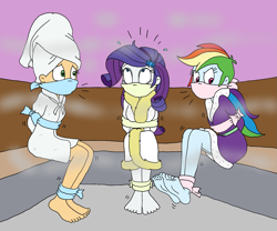 Size: 1803x1500 | Tagged: safe, artist:bugssonicx, imported from derpibooru, applejack, rainbow dash, rarity, human, equestria girls, annoyed, applesub, arm behind back, barefoot, barrette, bathrobe, bondage, bound and gagged, cloth gag, clothes, cute, dashsub, eyes rolling back, feet, female, femsub, gag, help us, legs, looking up, otn gag, over the nose gag, panic, rainbond dash, rarisub, robe, sauna, scared, sitting, steam, steam room, submissive, sweat, sweatdrop, tied up, towel, towel on head, trio, trio female