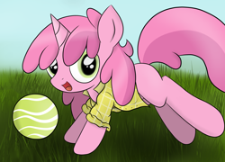 Size: 3550x2550 | Tagged: safe, artist:skatalapu, imported from derpibooru, ruby pinch, pony, unicorn, ball, clothes, female, grass, playing, solo