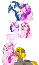 Size: 750x1234 | Tagged: safe, artist:llamapyjmas, imported from derpibooru, princess cadance, princess flurry heart, shining armor, oc, oc:bonfire, oc:princess aphrodite, alicorn, pegasus, pony, unicorn, beard, facial hair, fangs, female, headcanon in the description, male, oc x oc, offspring, older, older flurry heart, parent:lightning dust, parent:princess cadance, parent:shining armor, parent:thunderlane, parents:shiningcadance, parents:thunderdust, shiningcadance, shipping, simple background, straight, watermark, white background