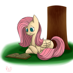 Size: 3000x3000 | Tagged: safe, artist:redprep, imported from derpibooru, fluttershy, pegasus, pony, book, female, reading, solo, tree