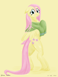 Size: 1800x2400 | Tagged: safe, artist:rockhoppr3, imported from derpibooru, fluttershy, pegasus, pony, bipedal, female, looking at you, mare, solo, towel, unshorn fetlocks, wet, wet mane