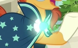 Size: 335x208 | Tagged: safe, artist:disneymarvel96, edit, edited screencap, imported from derpibooru, screencap, sunburst, pony, unicorn, a horse shoe-in, brooch, cape, clasp, close-up, clothes, glow, glowing, light up, male, solo