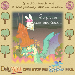 Size: 6969x6969 | Tagged: safe, artist:kmlp, derpibooru exclusive, imported from derpibooru, angel bunny, princess ember, dragon, rabbit, animal, fire, fire hydrant, firefighter, poster parody, tree, vector, 🚫