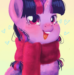 Size: 1650x1655 | Tagged: safe, artist:catuddi, imported from derpibooru, twilight sparkle, alicorn, pony, bust, clothes, cute, female, heart, looking at you, mare, open mouth, scarf, simple background, solo, twiabetes, twilight sparkle (alicorn), yellow background