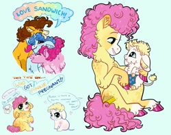 Size: 1024x805 | Tagged: safe, artist:loryska, imported from derpibooru, cheese sandwich, li'l cheese, party favor, pinkie pie, oc, oc:linzer torte, classical unicorn, earth pony, pony, unicorn, the last problem, baby, baby pony, bisexual, brothers, chest fluff, cloven hooves, colored hooves, colt, ear fluff, female, gay, green background, leonine tail, male, mare, ot3, party trio, partycheesepie, polyamory, shipping, siblings, simple background, speech bubble, stallion, story included, straight, unshorn fetlocks