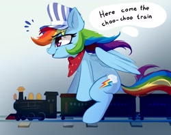 Size: 2400x1904 | Tagged: safe, artist:taneysha, imported from derpibooru, rainbow dash, pegasus, pony, bandana, conductor, conductor hat, cute, dashabetes, ear fluff, female, hat, mare, profile, riding, sitting, solo, tank engine, toy train, train