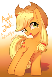 Size: 2317x3417 | Tagged: safe, artist:maren, imported from derpibooru, applejack, earth pony, pony, applejack's hat, cowboy hat, cute, female, gift art, gradient background, hat, high res, jackabetes, mare, open mouth, solo