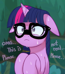 Size: 3000x3423 | Tagged: safe, artist:maren, imported from derpibooru, sci-twi, twilight sparkle, pony, unicorn, equestria girls, equestria girls series, spring breakdown, spoiler:eqg series (season 2), :<, adorable distress, bust, cute, don't dead open inside, equestria girls ponified, female, floppy ears, frown, glasses, high res, mare, panic, scene interpretation, solo, sweat, text, twiabetes, twilighting, unicorn sci-twi, wide eyes