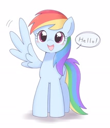 Size: 2788x3261 | Tagged: safe, artist:arrow__root, artist:ginmaruxx, imported from derpibooru, rainbow dash, pegasus, pony, adventure in the comments, blushing, cute, daaaaaaaaaaaw, dashabetes, dialogue, feathered wings, featured image, female, folded wing, greeting, hello, hello in the comments, high res, hnnng, looking at you, mare, open mouth, pixiv, simple background, soft color, solo, speech bubble, spread wings, waving, weapons-grade cute, white background, wing gesture, wing hands, wing wave, wings