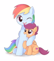 Size: 2768x3112 | Tagged: safe, artist:arrow__root, artist:ginmaruxx, imported from derpibooru, rainbow dash, scootaloo, pegasus, pony, blushing, cute, cutealoo, dashabetes, duo, female, filly, high res, hug, mare, one eye closed, open mouth, pixiv, scootalove, simple background, sisterly love, smiling, white background, wink