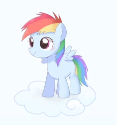 Size: 2894x3082 | Tagged: safe, artist:arrow__root, artist:ginmaruxx, imported from derpibooru, rainbow dash, pegasus, pony, blue background, blushing, cloud, cute, dashabetes, female, filly, filly rainbow dash, high res, on a cloud, pixiv, simple background, solo, younger