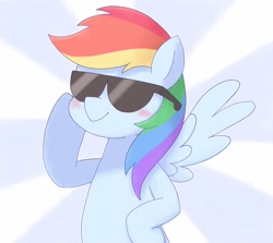 Size: 3248x2894 | Tagged: safe, artist:arrow__root, artist:ginmaruxx, imported from derpibooru, rainbow dash, pegasus, pony, 20% cooler, blushing, cool, female, high res, mare, pixiv, solo, sunburst background, sunglasses