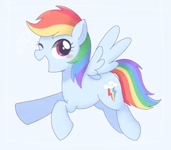 Size: 3305x2894 | Tagged: safe, artist:arrow__root, artist:ginmaruxx, imported from derpibooru, rainbow dash, pegasus, pony, blue background, blushing, cute, dashabetes, female, high res, mare, one eye closed, open mouth, pixiv, simple background, solo, wink