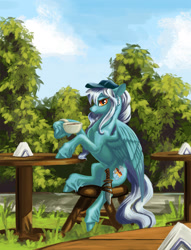 Size: 1200x1570 | Tagged: safe, artist:kirillk, imported from derpibooru, oc, oc only, oc:ice, pegasus, pony, coffee, food, knife, scenery, scenery porn, solo, table, tree, wings